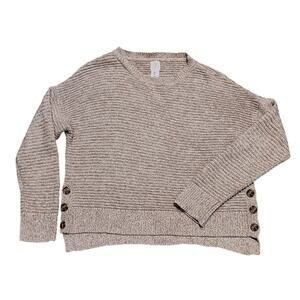 Joie Crew Neck Texture Knit Pullover Sweater Side Accented Buttons Oatmeal/Tan L